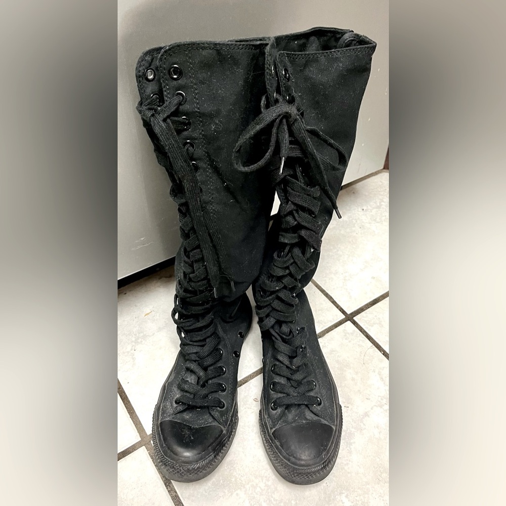 Converse All-Star Hi-Tops Knee High Lace Up Zip Up black on black shoes